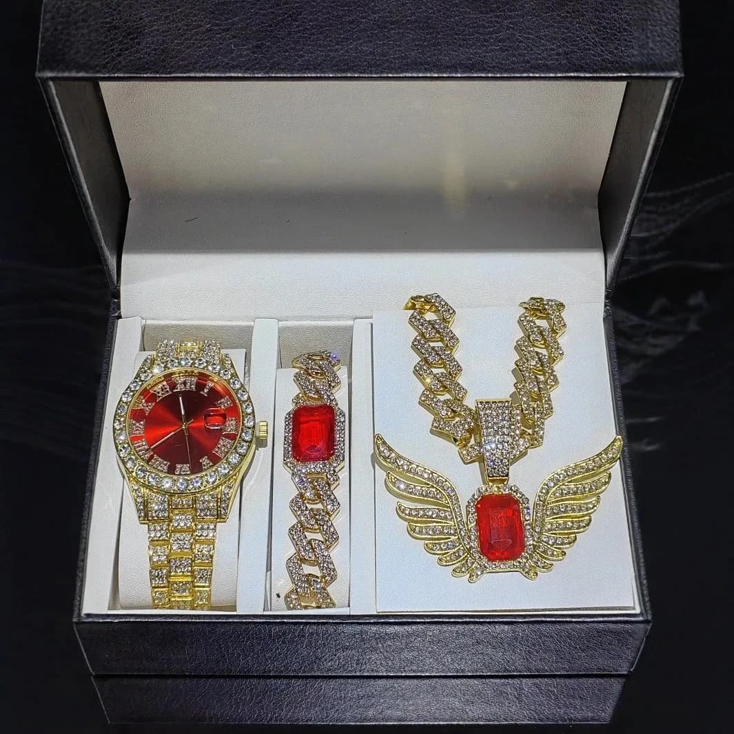 New Water Ghost Water Diamond Men's Watch 15mm Necklace Bracelet with Angel Wings Gemstone Pendant S (89)