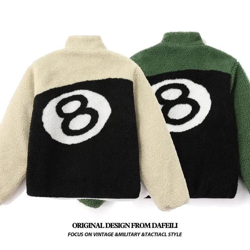 Double-sided wear retro American high street black eight black 8 billiards flocked lambskin fleece z (81)