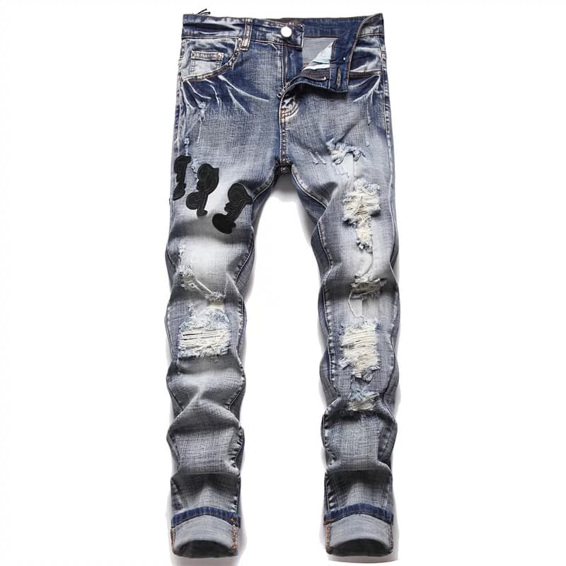 AM foreign trade men's jeans with holes embroidered five-pointed star trend elastic slim fit pants high-end casual men's pants