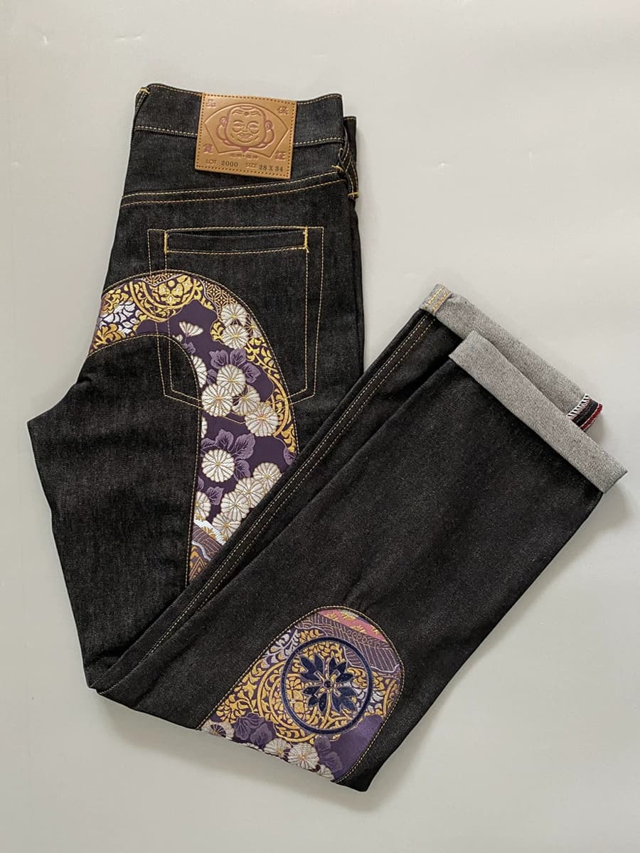New arrivals: Fukushin jeans men's straight leg trendy brand large M purple brocade jacquard embroidered trendy pants